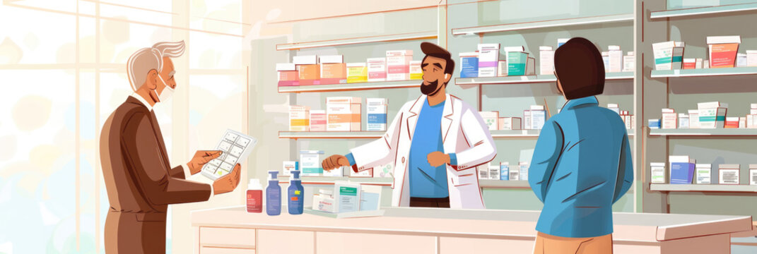 Cartoon illustration featuring a pharmacist in a lab coat talking to a customer about prescribed medication in a pharmacy setting