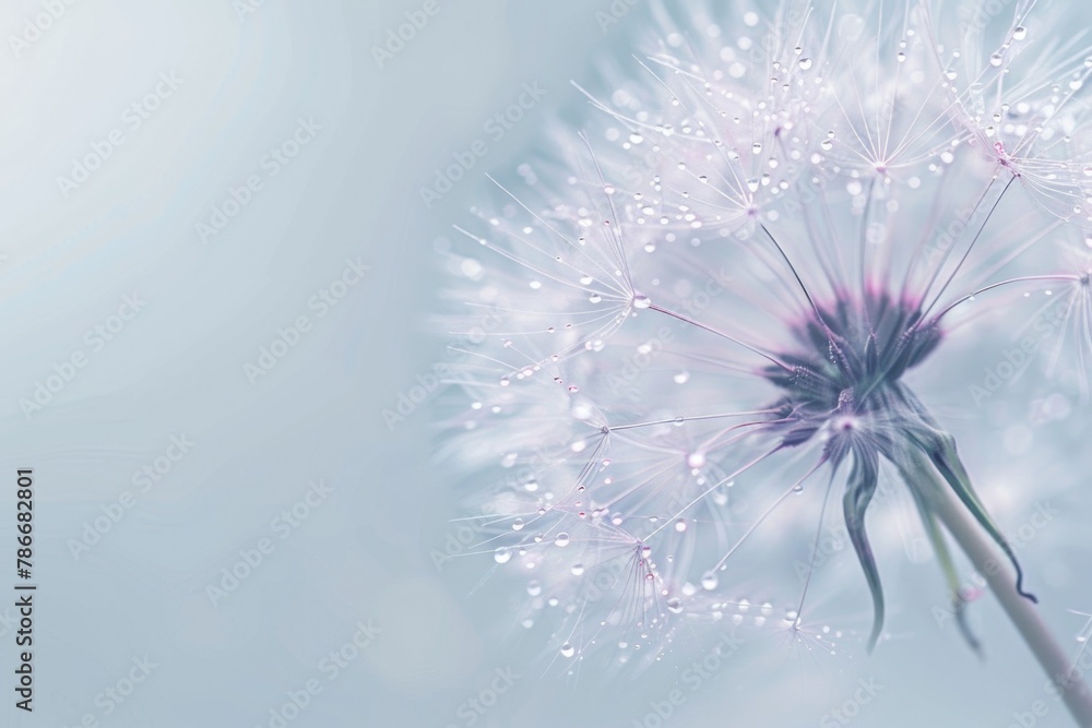 Poster close-up view of a dandelion covered in water droplets. perfect for nature and botanical themes
