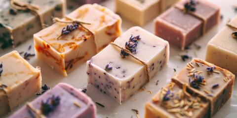 Close up of soap bars with flowers, great for spa or beauty products