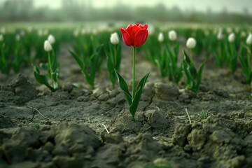 Obraz premium A single red tulip standing out in a field of white tulips. Suitable for spring themes and contrast concepts
