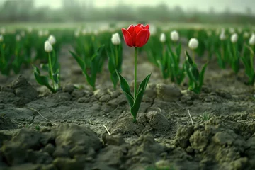 Foto op Canvas A single red tulip standing out in a field of white tulips. Suitable for spring themes and contrast concepts © Fotograf