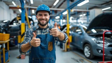 Smiling mechanic showing thumbs up with car tire in a modern car repair shop.