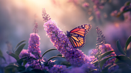 Illustration of a Monarch Butterfly perched on a butterfly bush