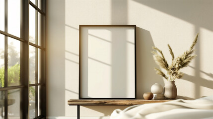 Empty picture frame in a modern bedroom