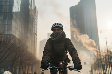 A cyclist navigates through a cityscape engulfed in morning fog air pollution, casting a serene yet somber mood bad environment. - obrazy, fototapety, plakaty