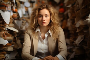 Overwhelmed professional woman in a corporate environment surrounded by towering stacks of organized files and documents, illustrating the challenges of managing extensive paperwork in the digital age
