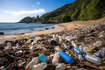 Beach littered with plastic waste. Summer sea shore with garbage. Plastic water bottles pollution in ocean. Environment concept. Motivation to recycling