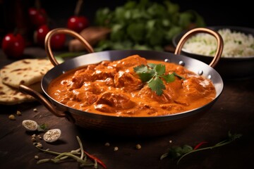Close-Up of Indian Butter Chicken in Creamy Spicy Sauce, Garnished with Coriander in Restaurant Setting - obrazy, fototapety, plakaty