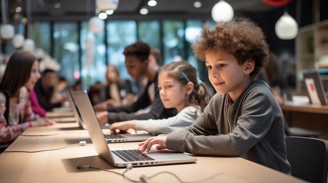 Diverse group of children sitting in row learning using laptops,  side view. Smart kids computer generation. Collaborative educational environment. Grow. Explore. Discover.
