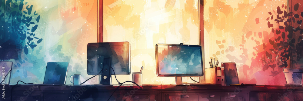 Poster a painting showcasing a contemporary desk setup with two computer monitors. the scene is detailed wi