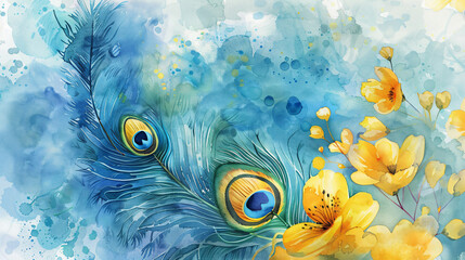 Watercolor style illustration for vishu with peacock feather and yellow flowers.