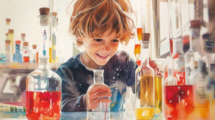 A curious child interacts with colorful liquids during a home science activity, displaying excitement and focus