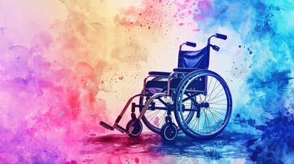 A wheelchair positioned in front of a vibrant, multicolored backdrop
