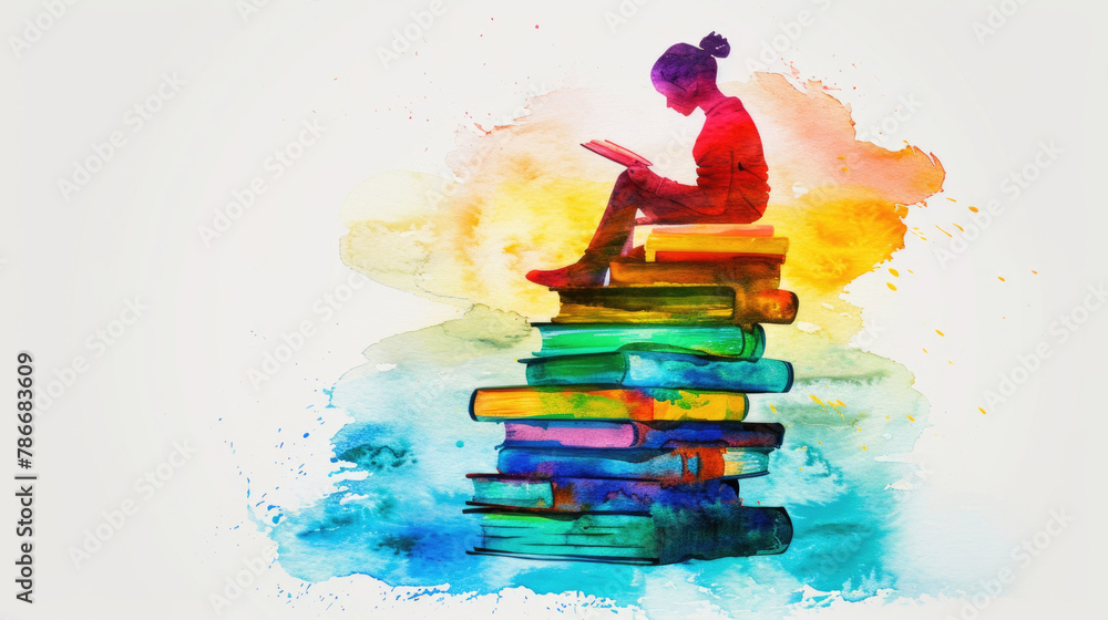 Poster a person sitting atop a tall stack of books, surrounded by knowledge and wisdom in a library setting