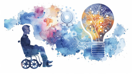 A man in a wheelchair is carefully inspecting a light bulb, deep in thought - obrazy, fototapety, plakaty