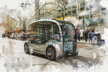 A self-driving electric shuttle navigating through a bustling city roadway alongside traditional vehicles and pedestrians