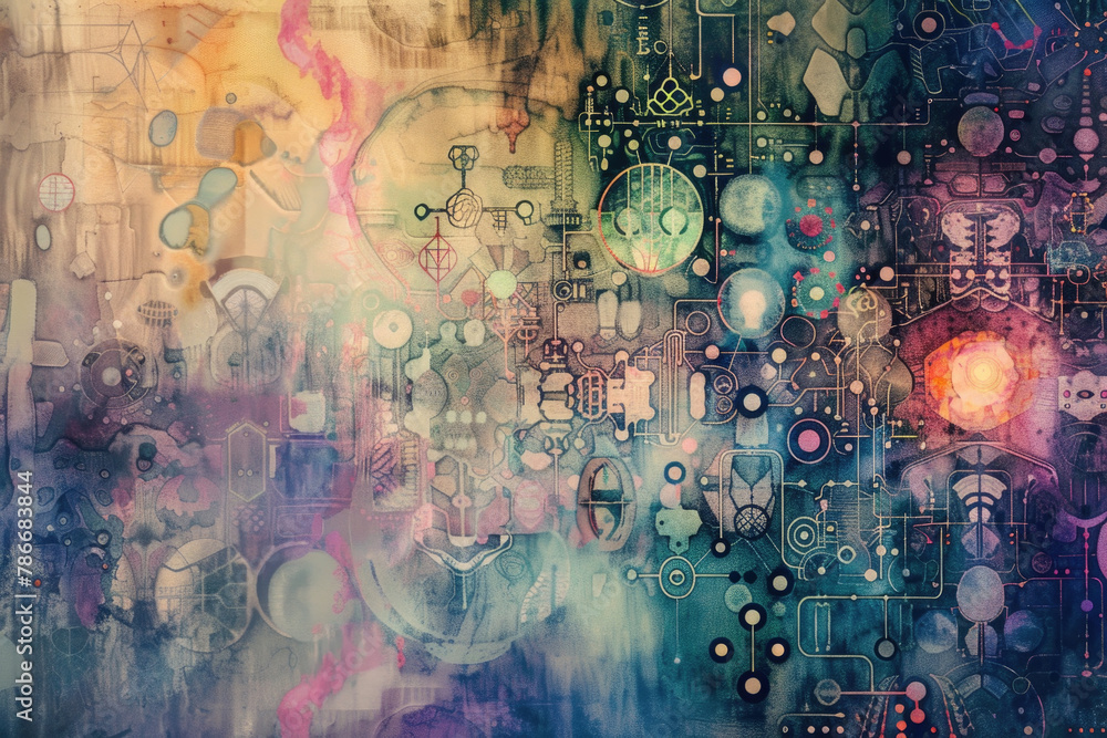 Poster a vibrant painting featuring a multitude of colors and various shapes blending together in an abstra