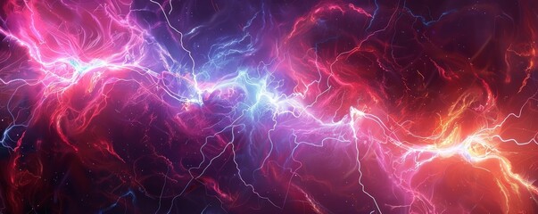 A vibrant space background featuring cosmic energy with blue and pink plasma lightning against a backdrop of swirling nebula clouds and stars - obrazy, fototapety, plakaty