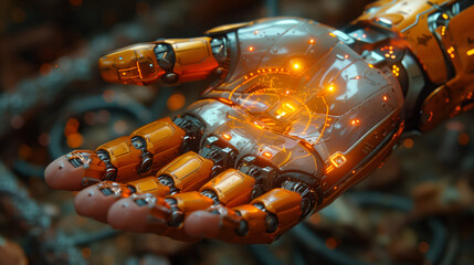 Fototapeta premium A Robotic Arm Glows With An Inner Fire, Symbolizing The Leap Of High-Tech Advancements In Robotics