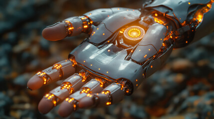 An Illuminated Robotic Hand Shines Against A Blurred Backdrop, A Testament To Modern Engineering Mastery