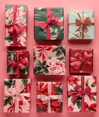 A row of presents with bows on them, some of which have flowers on them. The presents are arranged in a grid, with some of them overlapping each other -01