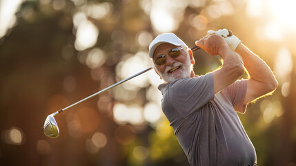 Experienced senior golfer on the green course enjoying a relaxing round of golf during a beautiful sunset