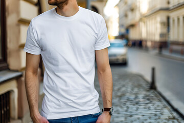 Male model in simple casual white blank T-shirt, mockup template on adult for design print