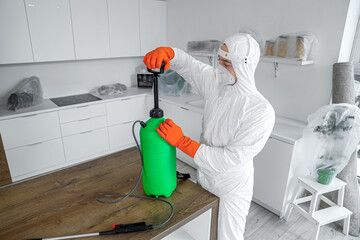 Male worker with disinfectant cylinder at table in kitchen
