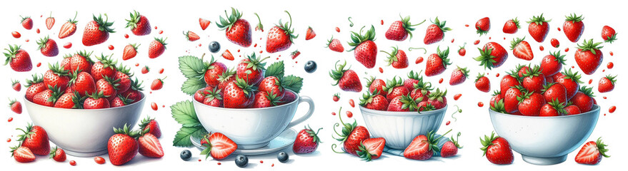 Strawberry berries levitating on a white background. - obrazy, fototapety, plakaty