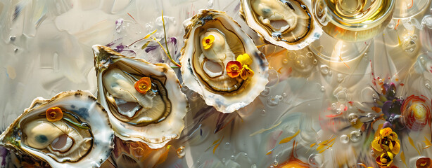 fresh oysters near champagne glasses - obrazy, fototapety, plakaty
