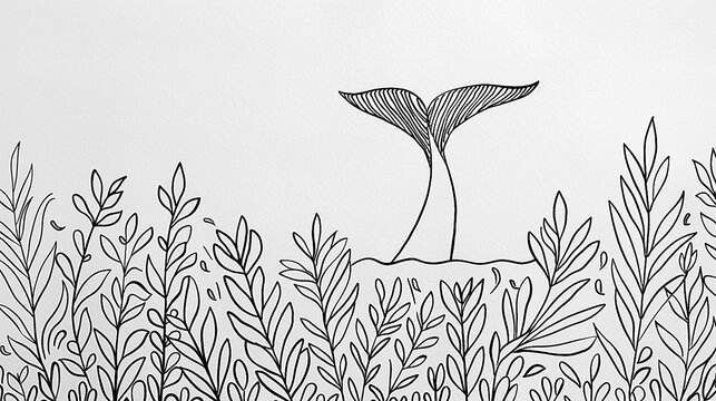Simple line drawing of a whale tail surrounded by leaves.