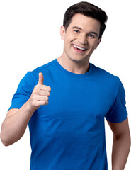 Fototapeta premium Smiling handsome young Caucasian man giving thumbs up PNG file no background 