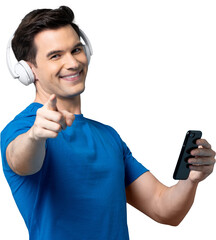 Smiling happy Caucasian man wearing headphones listening to streaming music on mobile phone PNG...