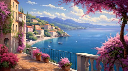 French reviera, view of stunning picturesque coastal town with flowers.