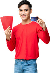 Smiling handsome Asian man holding Ang Pow red envelopes and credit card PNG file no background 
