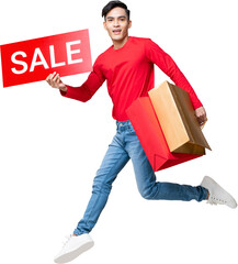 Young Asian man holding shopping bags and red sale sign jumping PNG file no background 