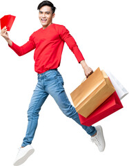 Smiling Asian man holding bags and red envelope Ang Pow jumping PNG file no background 