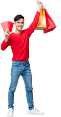 Smiling Asian man raising hands showing shopping bags and red envelope Ang Pow PNG file no background 
