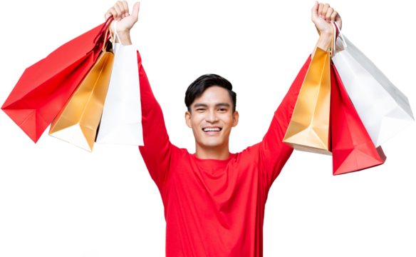 Smiling Asian man raising hands showing shopping bags PNG file no background 