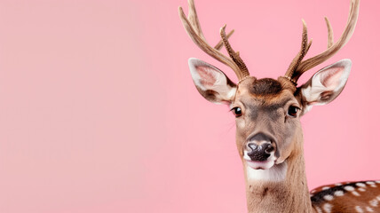 Against a soft pink backdrop stands a majestic stag, captured in a stylized portrait of wildlife