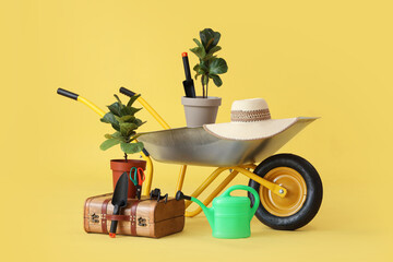 Plants, gardening tools and wheelbarrow on yellow background