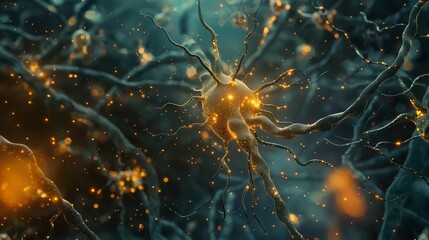 Artistic illustration of a neural network with vibrant synapses and neurons, symbolizing complex brain activity and connections. - obrazy, fototapety, plakaty