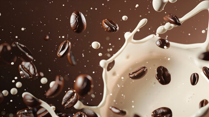 Roasted beans and milk droplets intertwining in the air