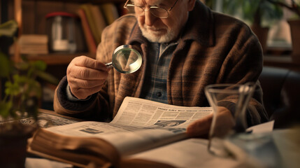 An old man with glasses and old clothes is reading a newspaper. - obrazy, fototapety, plakaty