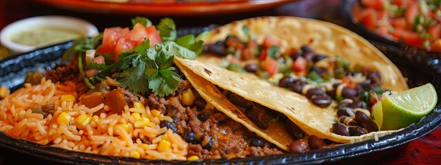 Plate of mexican food with rice and beans