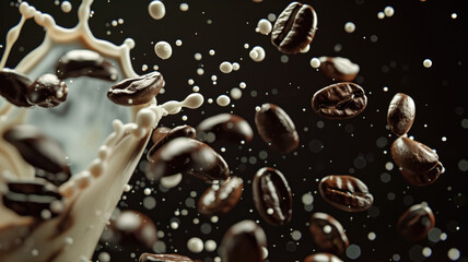 A cascade of coffee beans and milk droplets on a sumptuous dark chocolate gradient