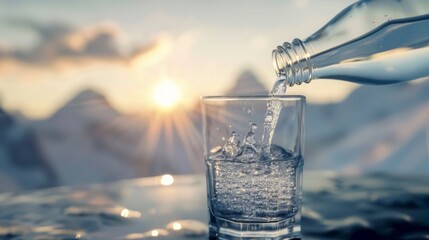 bottle and glass of crystal clear water on a beautiful out-of-focus background in nature