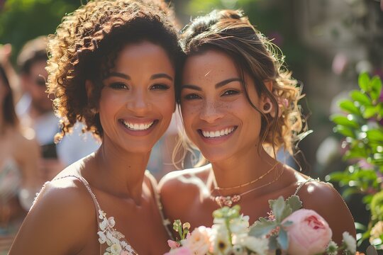 Two women are smiling and posing for a picture together with flowers in their hands and a bouquet in