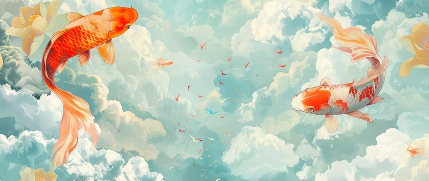 Chinese cloud pattern, red and gold fish in the sky, light blue background, colorful clouds Generative AI