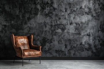 minimalist loft interior with leather armchair against dark cement wall stylish industrial design - obrazy, fototapety, plakaty